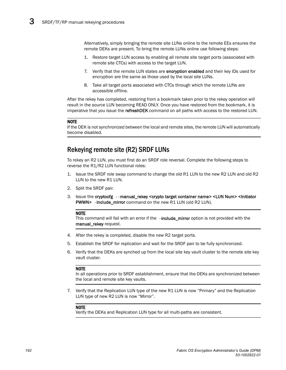 Rekeying remote site (r2) srdf luns | Brocade Fabric OS Encryption Administrator’s Guide Supporting RSA Data Protection Manager (DPM) Environments (Supporting Fabric OS v7.2.0) User Manual | Page 212 / 332