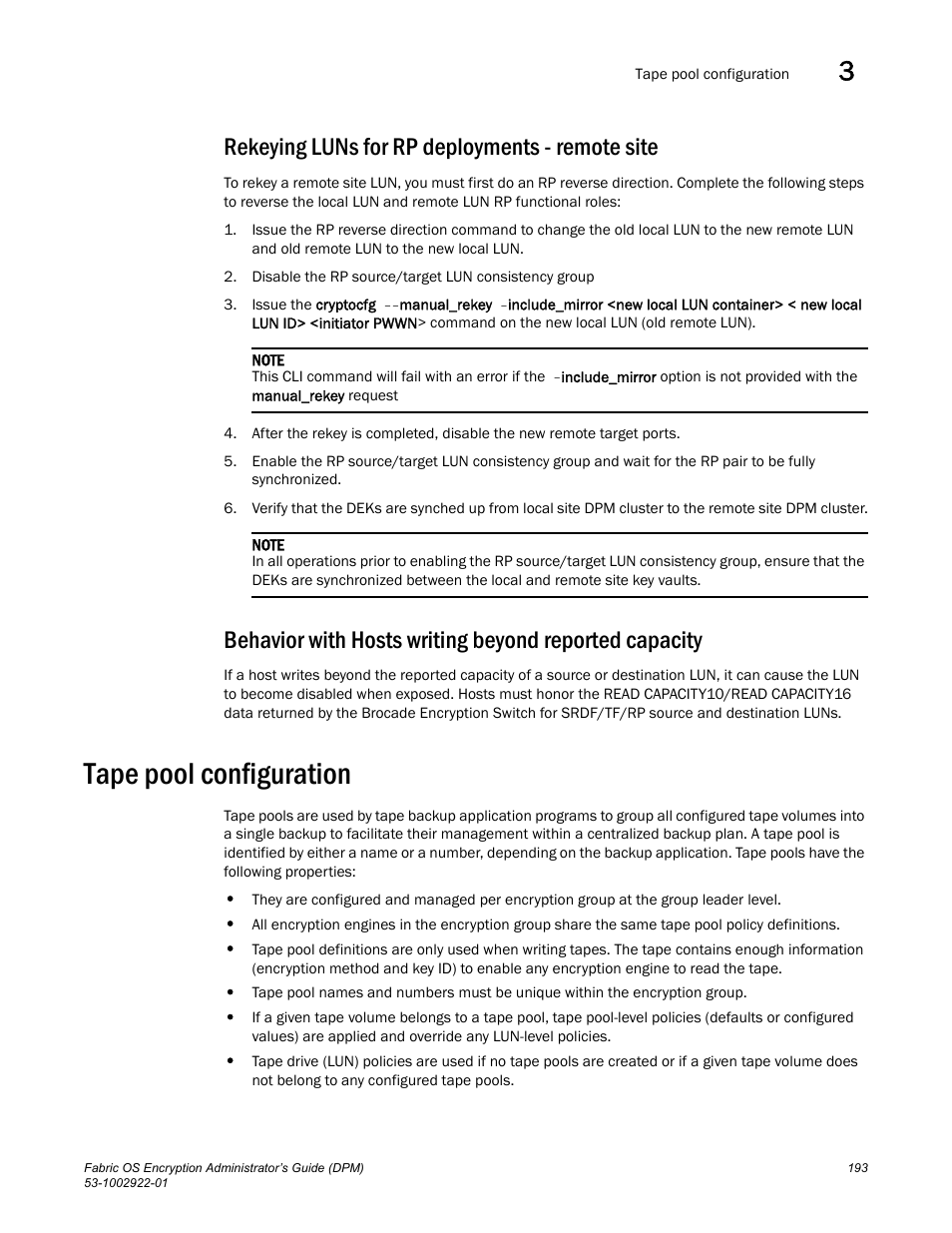 Rekeying luns for rp deployments - remote site, Tape pool configuration | Brocade Fabric OS Encryption Administrator’s Guide Supporting RSA Data Protection Manager (DPM) Environments (Supporting Fabric OS v7.2.0) User Manual | Page 213 / 332