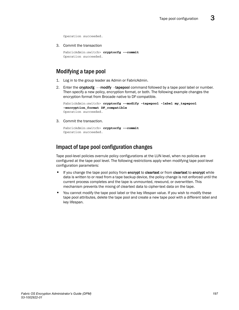 Modifying a tape pool, Impact of tape pool configuration changes | Brocade Fabric OS Encryption Administrator’s Guide Supporting RSA Data Protection Manager (DPM) Environments (Supporting Fabric OS v7.2.0) User Manual | Page 217 / 332
