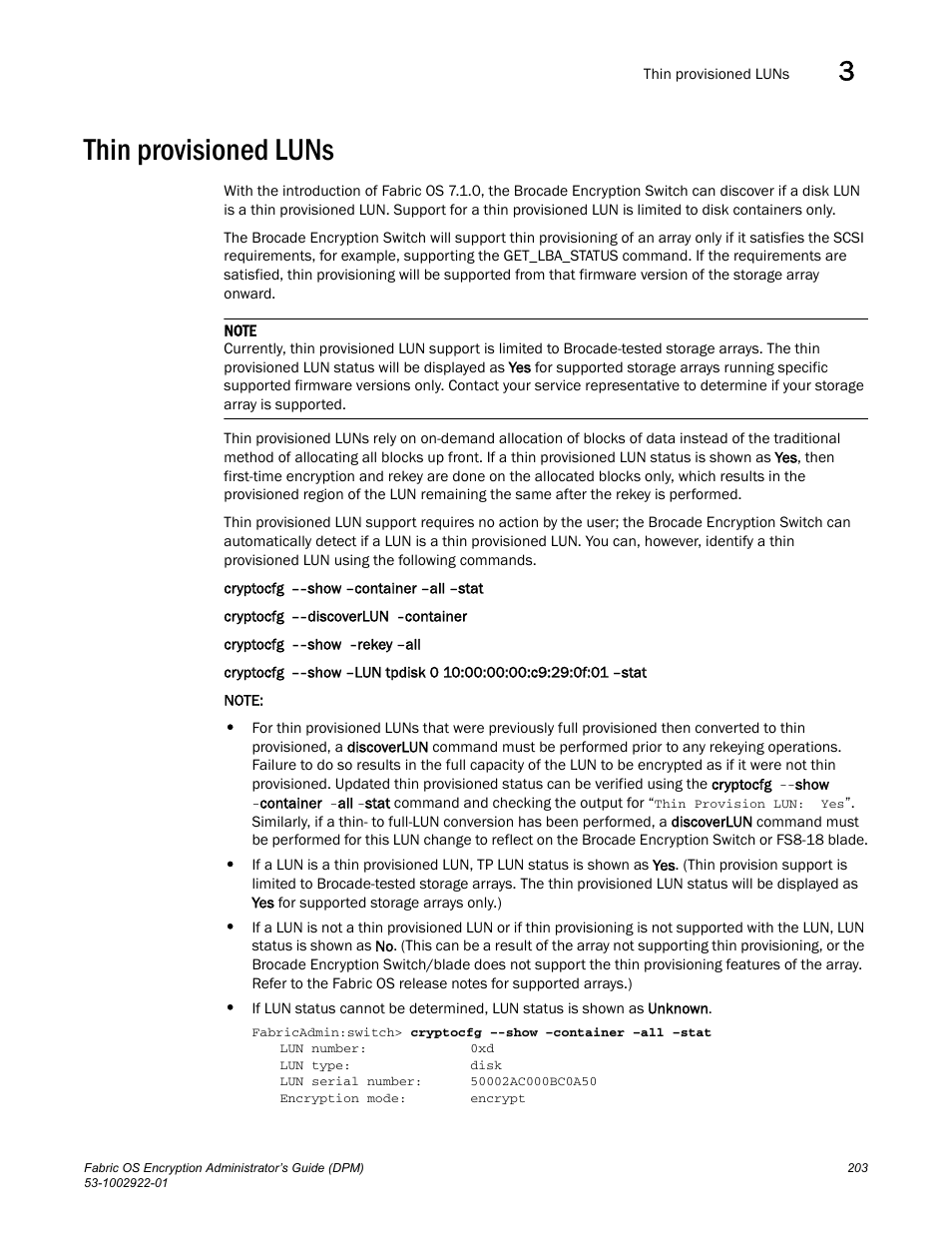 Thin provisioned luns | Brocade Fabric OS Encryption Administrator’s Guide Supporting RSA Data Protection Manager (DPM) Environments (Supporting Fabric OS v7.2.0) User Manual | Page 223 / 332