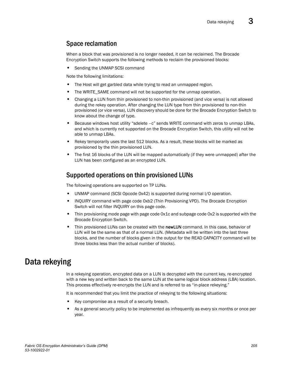 Space reclamation, Supported operations on thin provisioned luns, Data rekeying | Brocade Fabric OS Encryption Administrator’s Guide Supporting RSA Data Protection Manager (DPM) Environments (Supporting Fabric OS v7.2.0) User Manual | Page 225 / 332