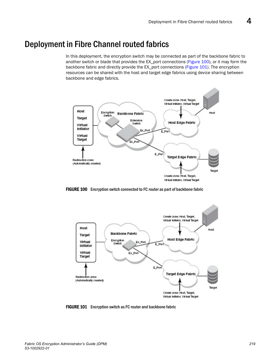 Deployment in fibre channel routed fabrics | Brocade Fabric OS Encryption Administrator’s Guide Supporting RSA Data Protection Manager (DPM) Environments (Supporting Fabric OS v7.2.0) User Manual | Page 239 / 332