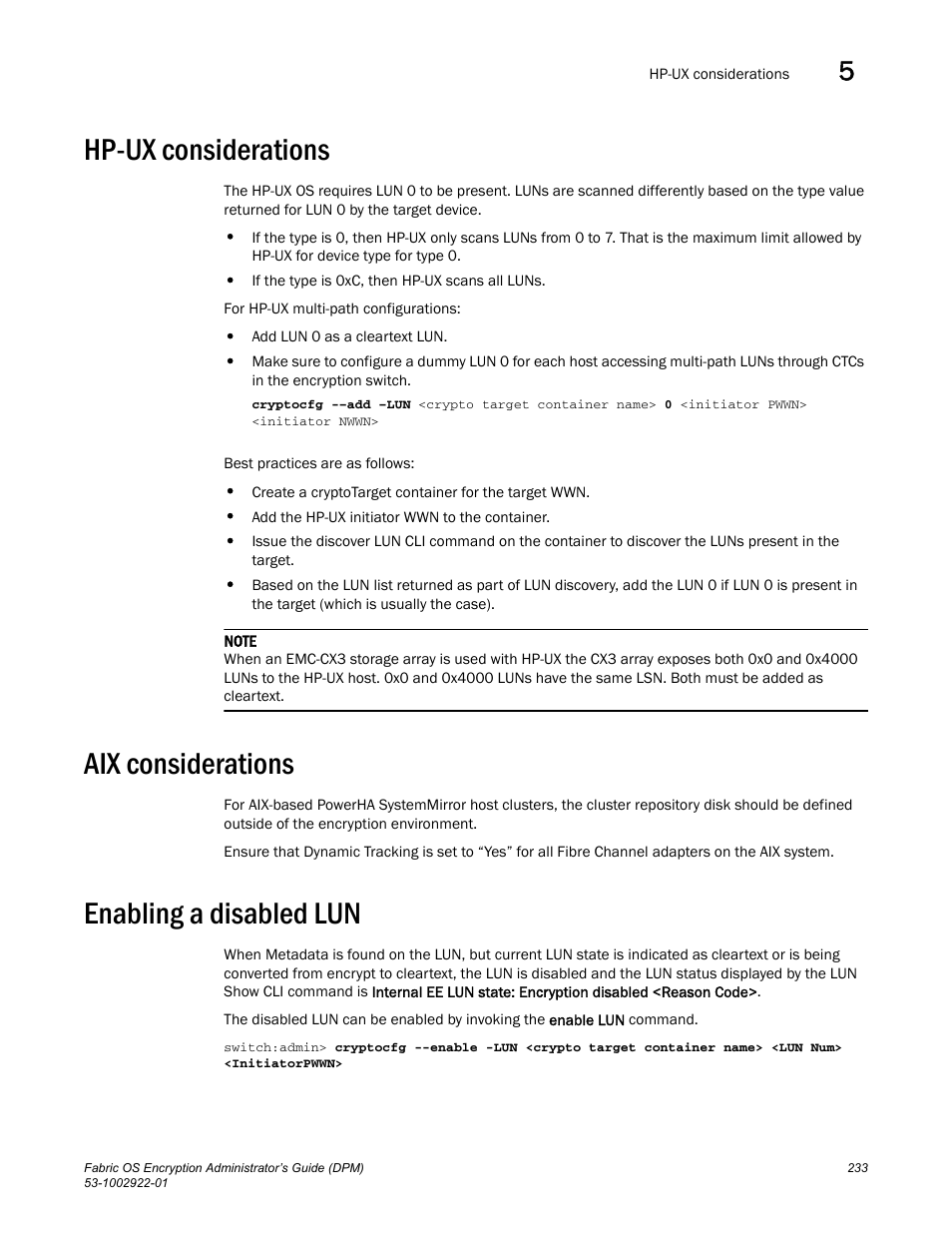 Hp-ux considerations, Aix considerations, Enabling a disabled lun | Brocade Fabric OS Encryption Administrator’s Guide Supporting RSA Data Protection Manager (DPM) Environments (Supporting Fabric OS v7.2.0) User Manual | Page 253 / 332