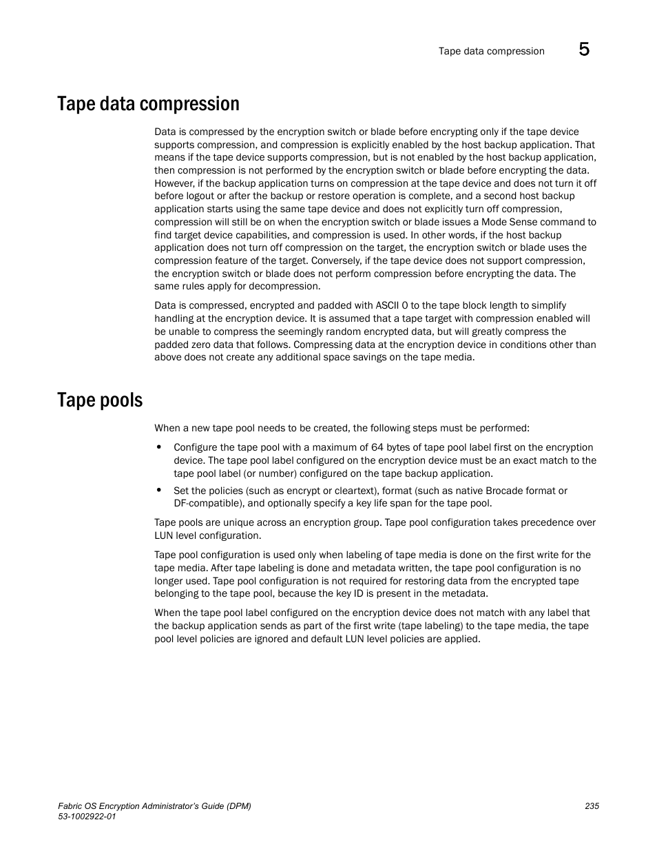 Tape data compression, Tape pools | Brocade Fabric OS Encryption Administrator’s Guide Supporting RSA Data Protection Manager (DPM) Environments (Supporting Fabric OS v7.2.0) User Manual | Page 255 / 332