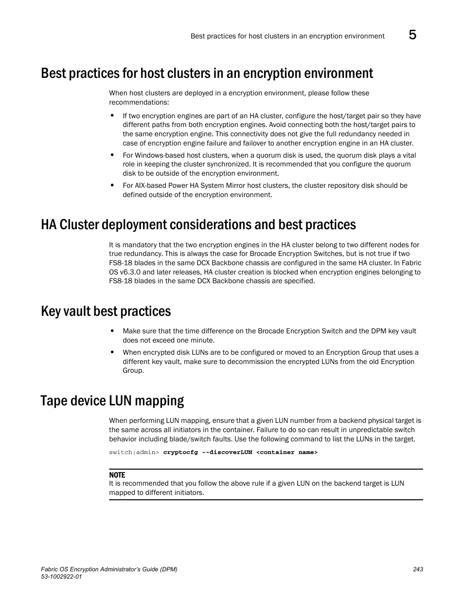Key vault best practices, Tape device lun mapping | Brocade Fabric OS Encryption Administrator’s Guide Supporting RSA Data Protection Manager (DPM) Environments (Supporting Fabric OS v7.2.0) User Manual | Page 263 / 332