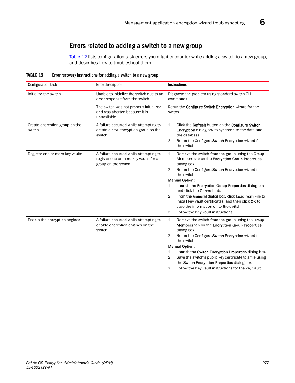 Errors related to adding a switch to a new group | Brocade Fabric OS Encryption Administrator’s Guide Supporting RSA Data Protection Manager (DPM) Environments (Supporting Fabric OS v7.2.0) User Manual | Page 297 / 332