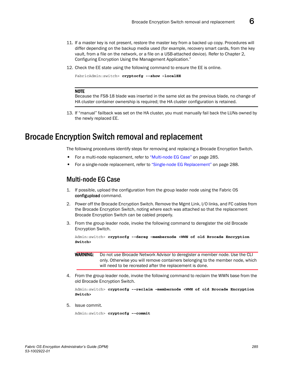 Brocade encryption switch removal and replacement, Multi-node eg case | Brocade Fabric OS Encryption Administrator’s Guide Supporting RSA Data Protection Manager (DPM) Environments (Supporting Fabric OS v7.2.0) User Manual | Page 305 / 332