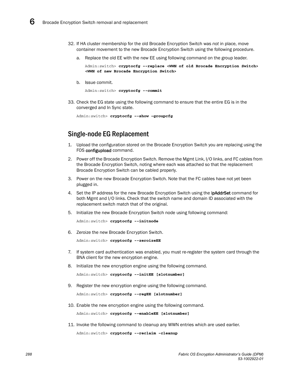 Single-node eg replacement | Brocade Fabric OS Encryption Administrator’s Guide Supporting RSA Data Protection Manager (DPM) Environments (Supporting Fabric OS v7.2.0) User Manual | Page 308 / 332