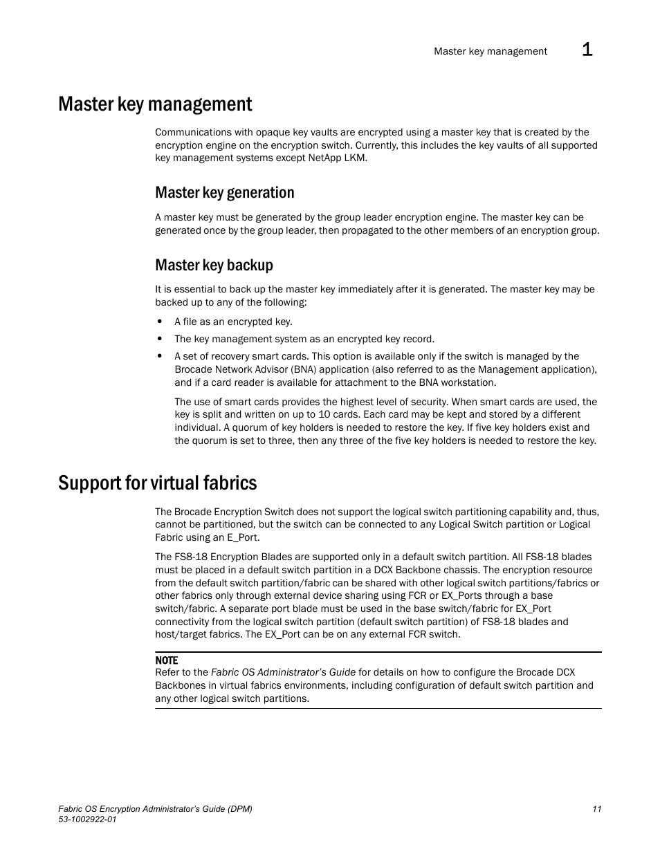 Master key management, Master key generation, Master key backup | Support for virtual fabrics, Master key generation master key backup | Brocade Fabric OS Encryption Administrator’s Guide Supporting RSA Data Protection Manager (DPM) Environments (Supporting Fabric OS v7.2.0) User Manual | Page 31 / 332