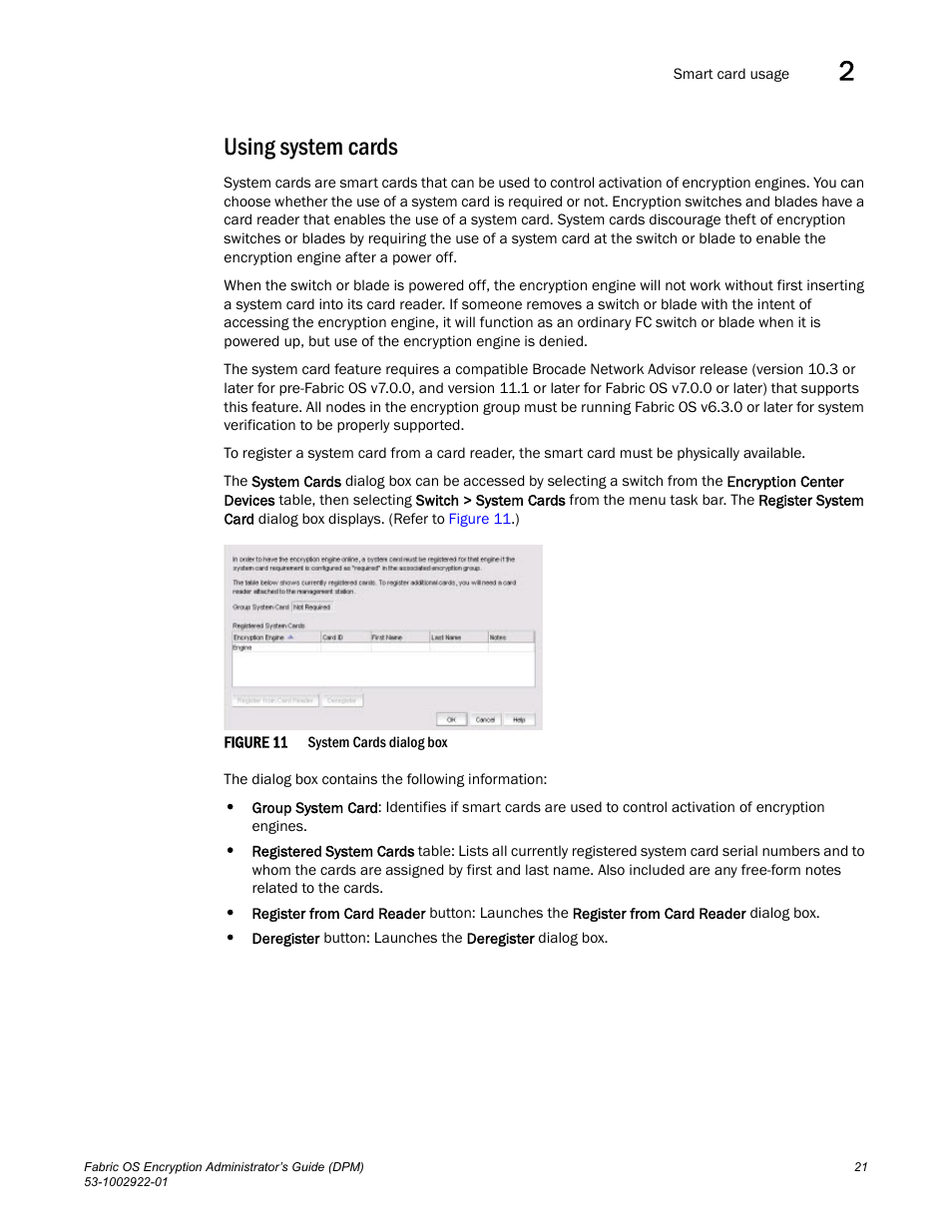 Using system cards | Brocade Fabric OS Encryption Administrator’s Guide Supporting RSA Data Protection Manager (DPM) Environments (Supporting Fabric OS v7.2.0) User Manual | Page 41 / 332