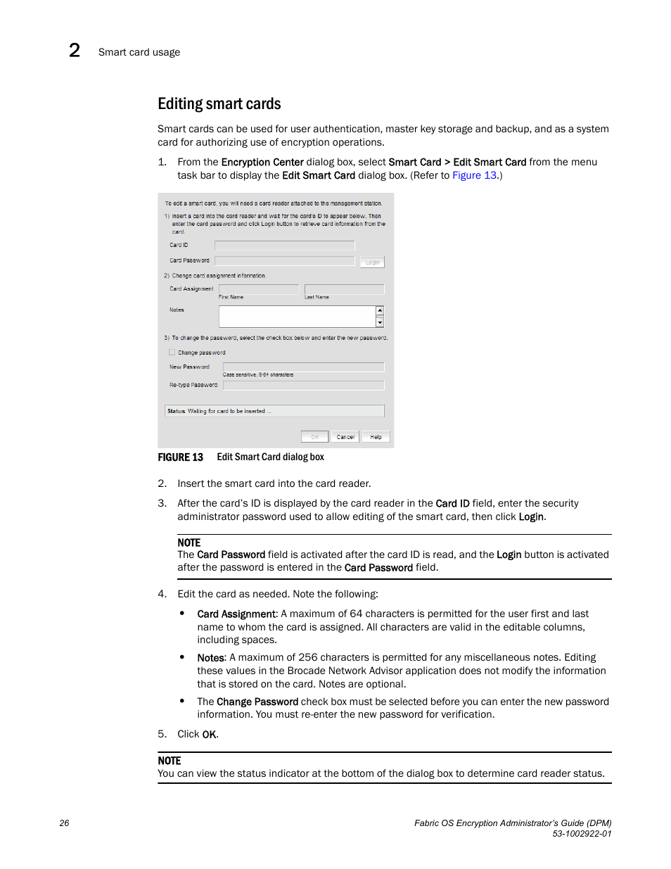 Editing smart cards | Brocade Fabric OS Encryption Administrator’s Guide Supporting RSA Data Protection Manager (DPM) Environments (Supporting Fabric OS v7.2.0) User Manual | Page 46 / 332