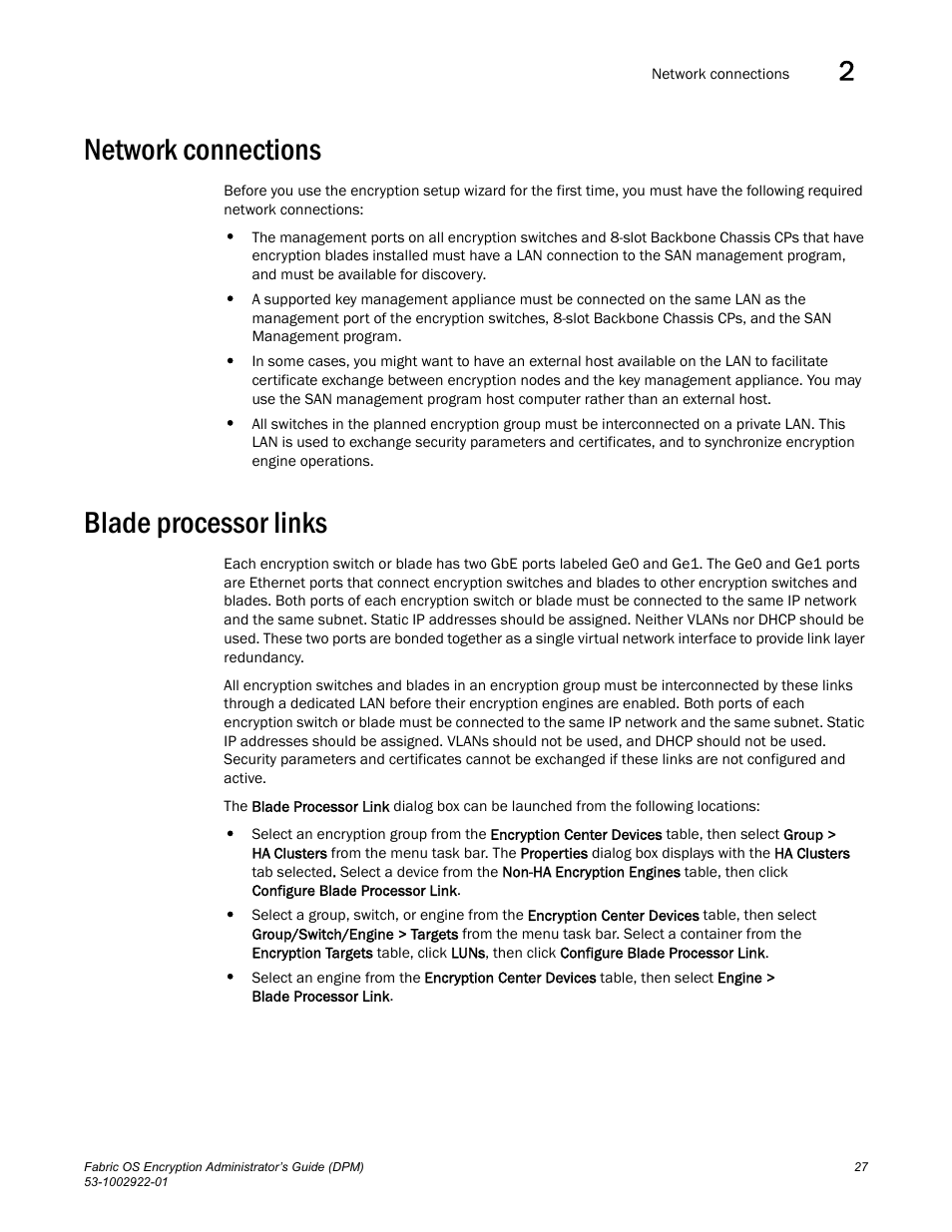 Network connections, Blade processor links | Brocade Fabric OS Encryption Administrator’s Guide Supporting RSA Data Protection Manager (DPM) Environments (Supporting Fabric OS v7.2.0) User Manual | Page 47 / 332