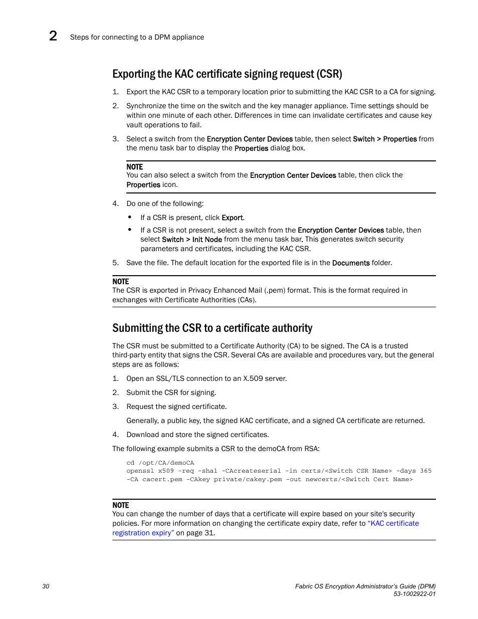 Submitting the csr to a certificate authority, Exporting the kac, Certificate signing request (csr) | Brocade Fabric OS Encryption Administrator’s Guide Supporting RSA Data Protection Manager (DPM) Environments (Supporting Fabric OS v7.2.0) User Manual | Page 50 / 332