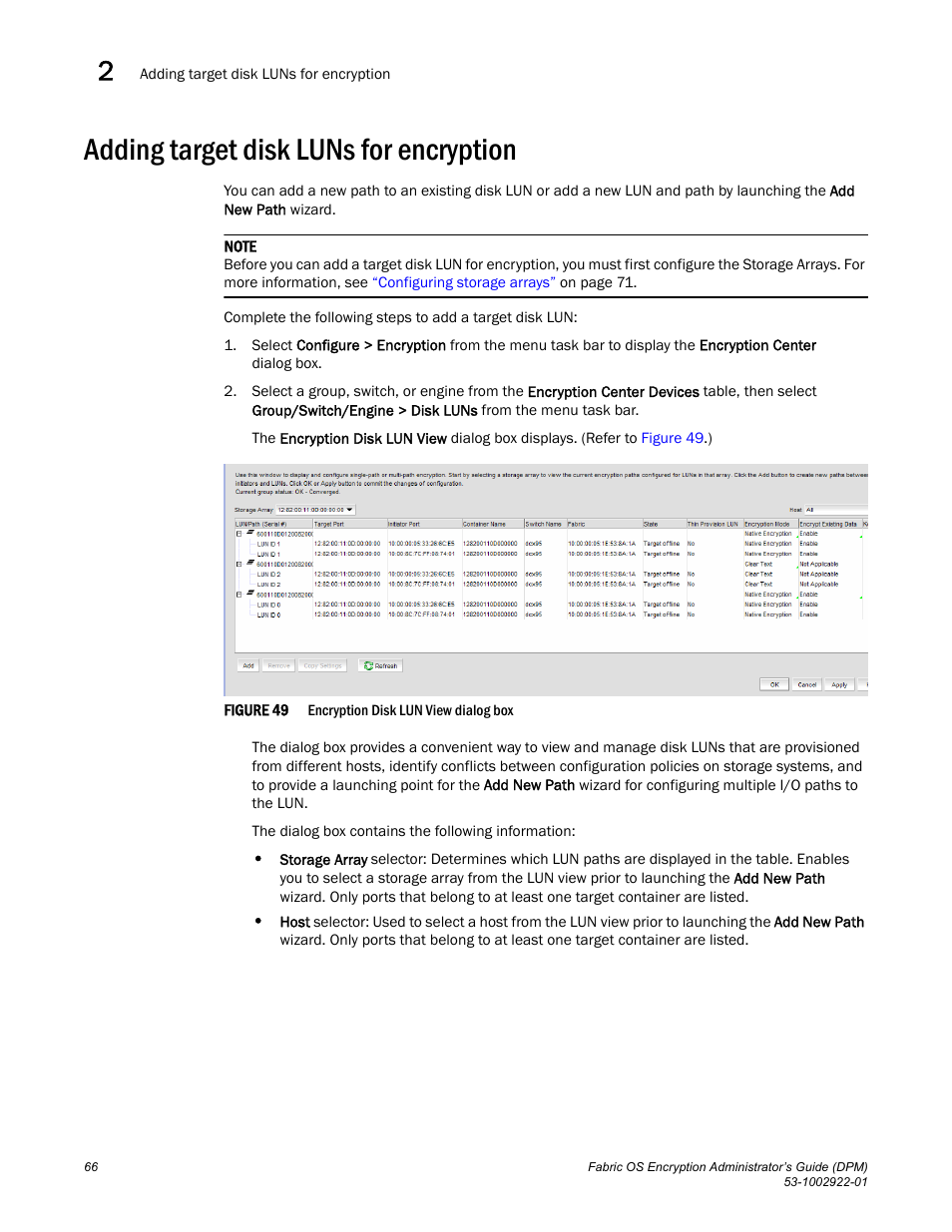 Adding target disk luns for encryption | Brocade Fabric OS Encryption Administrator’s Guide Supporting RSA Data Protection Manager (DPM) Environments (Supporting Fabric OS v7.2.0) User Manual | Page 86 / 332