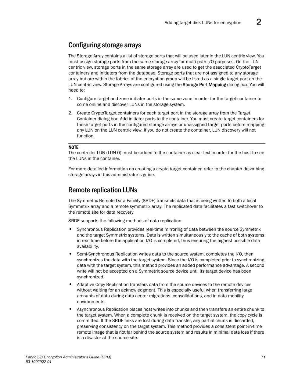 Configuring storage arrays, Remote replication luns, Configuring storage arrays remote replication luns | Brocade Fabric OS Encryption Administrator’s Guide Supporting RSA Data Protection Manager (DPM) Environments (Supporting Fabric OS v7.2.0) User Manual | Page 91 / 332