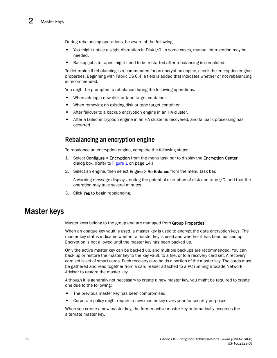 Rebalancing an encryption engine, Master keys | Brocade Fabric OS Encryption Administrator’s Guide Supporting HP Secure Key Manager (SKM) and HP Enterprise Secure Key Manager (ESKM) Environments (Supporting Fabric OS v7.2.0) User Manual | Page 106 / 324