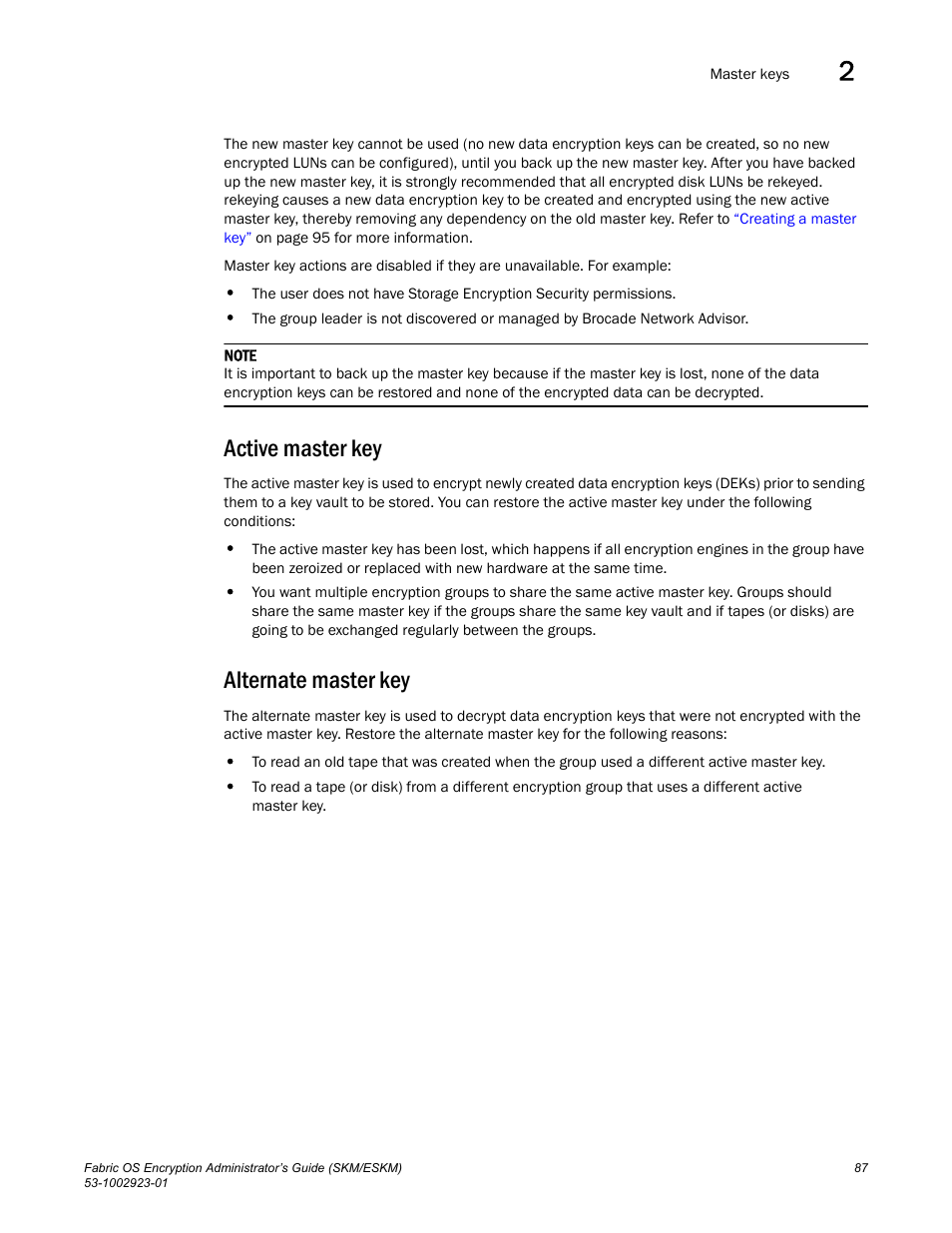 Active master key, Alternate master key | Brocade Fabric OS Encryption Administrator’s Guide Supporting HP Secure Key Manager (SKM) and HP Enterprise Secure Key Manager (ESKM) Environments (Supporting Fabric OS v7.2.0) User Manual | Page 107 / 324