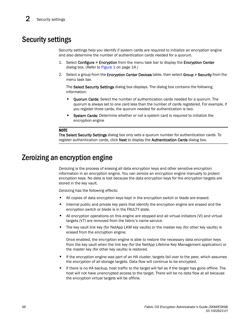 Security settings, Zeroizing an encryption engine | Brocade Fabric OS Encryption Administrator’s Guide Supporting HP Secure Key Manager (SKM) and HP Enterprise Secure Key Manager (ESKM) Environments (Supporting Fabric OS v7.2.0) User Manual | Page 116 / 324