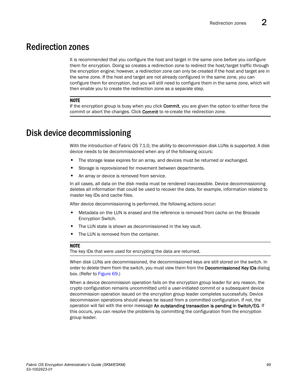 Redirection zones, Disk device decommissioning | Brocade Fabric OS Encryption Administrator’s Guide Supporting HP Secure Key Manager (SKM) and HP Enterprise Secure Key Manager (ESKM) Environments (Supporting Fabric OS v7.2.0) User Manual | Page 119 / 324