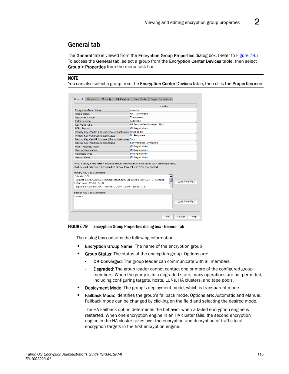 General tab | Brocade Fabric OS Encryption Administrator’s Guide Supporting HP Secure Key Manager (SKM) and HP Enterprise Secure Key Manager (ESKM) Environments (Supporting Fabric OS v7.2.0) User Manual | Page 135 / 324