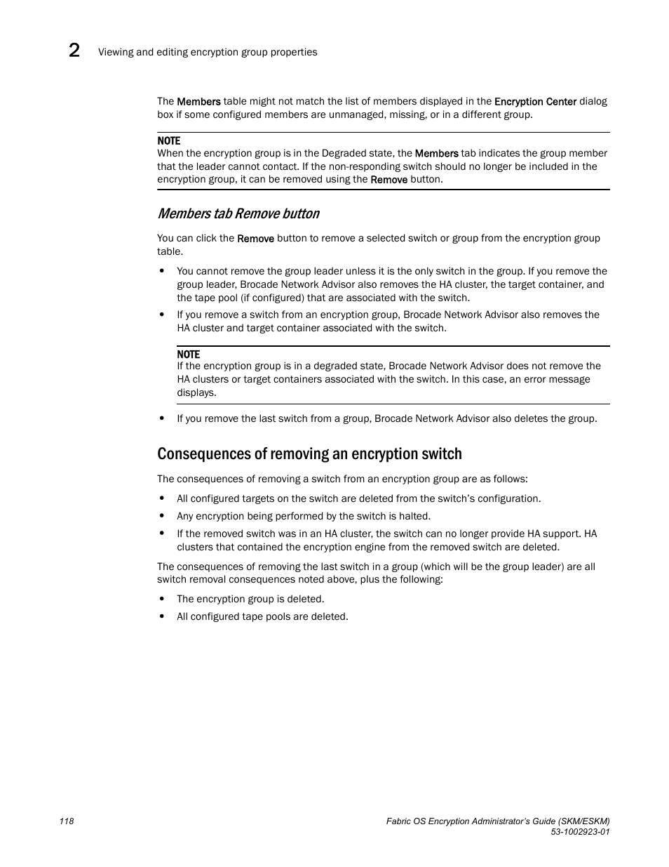 Members tab remove button, Consequences of removing an encryption switch | Brocade Fabric OS Encryption Administrator’s Guide Supporting HP Secure Key Manager (SKM) and HP Enterprise Secure Key Manager (ESKM) Environments (Supporting Fabric OS v7.2.0) User Manual | Page 138 / 324