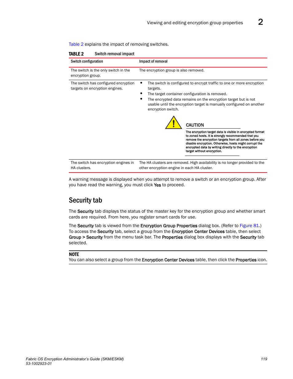 Security tab | Brocade Fabric OS Encryption Administrator’s Guide Supporting HP Secure Key Manager (SKM) and HP Enterprise Secure Key Manager (ESKM) Environments (Supporting Fabric OS v7.2.0) User Manual | Page 139 / 324