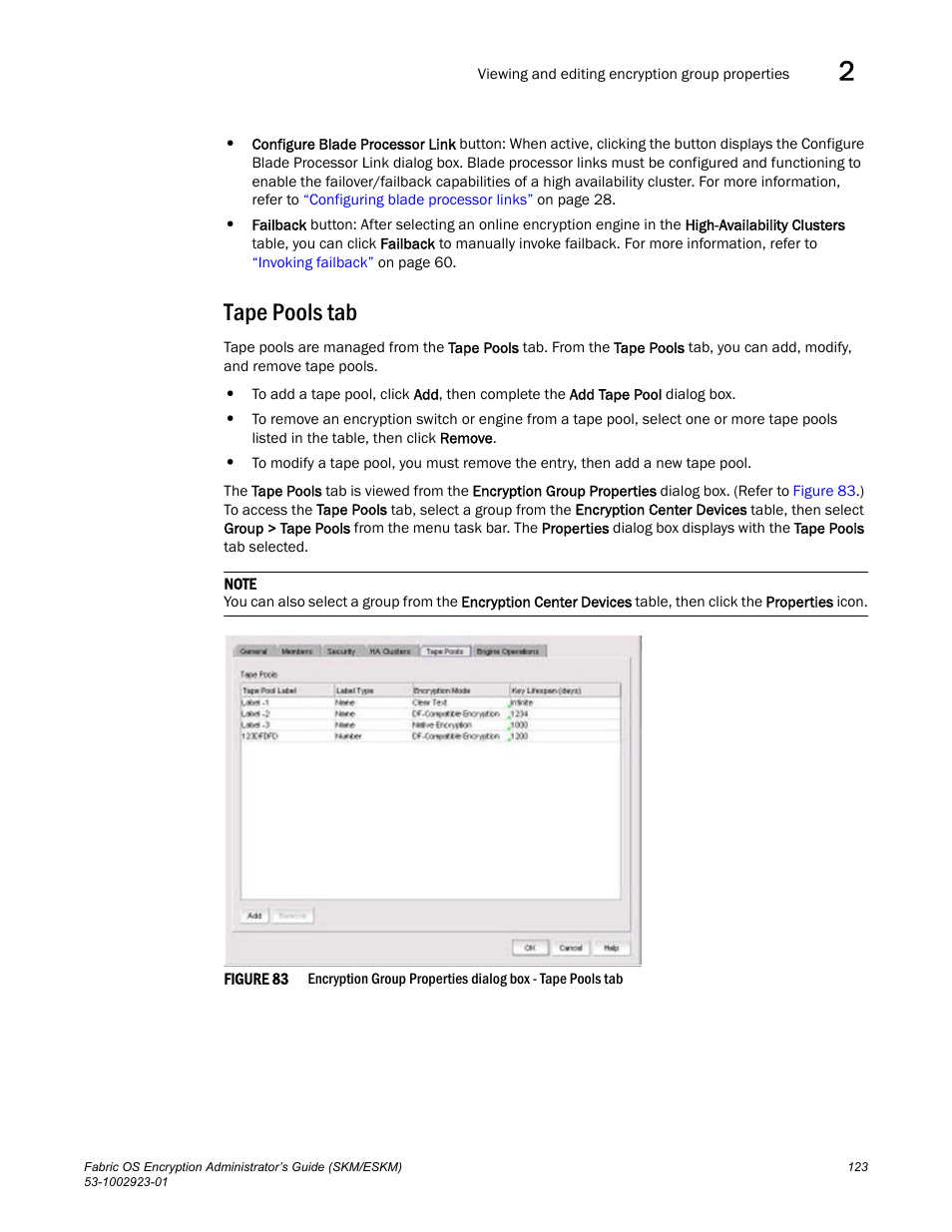 Tape pools tab | Brocade Fabric OS Encryption Administrator’s Guide Supporting HP Secure Key Manager (SKM) and HP Enterprise Secure Key Manager (ESKM) Environments (Supporting Fabric OS v7.2.0) User Manual | Page 143 / 324