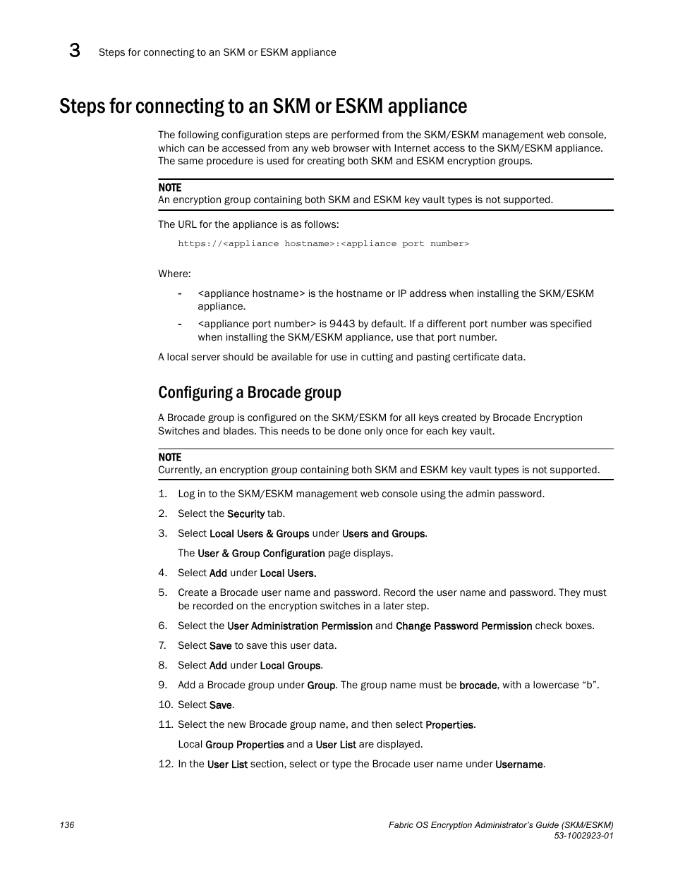 Steps for connecting to an skm or eskm appliance, Configuring a brocade group | Brocade Fabric OS Encryption Administrator’s Guide Supporting HP Secure Key Manager (SKM) and HP Enterprise Secure Key Manager (ESKM) Environments (Supporting Fabric OS v7.2.0) User Manual | Page 156 / 324