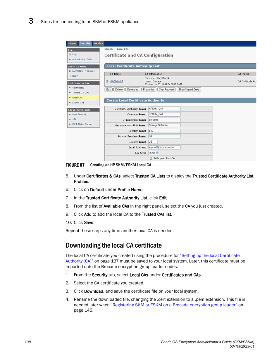 Downloading the local ca certificate | Brocade Fabric OS Encryption Administrator’s Guide Supporting HP Secure Key Manager (SKM) and HP Enterprise Secure Key Manager (ESKM) Environments (Supporting Fabric OS v7.2.0) User Manual | Page 158 / 324