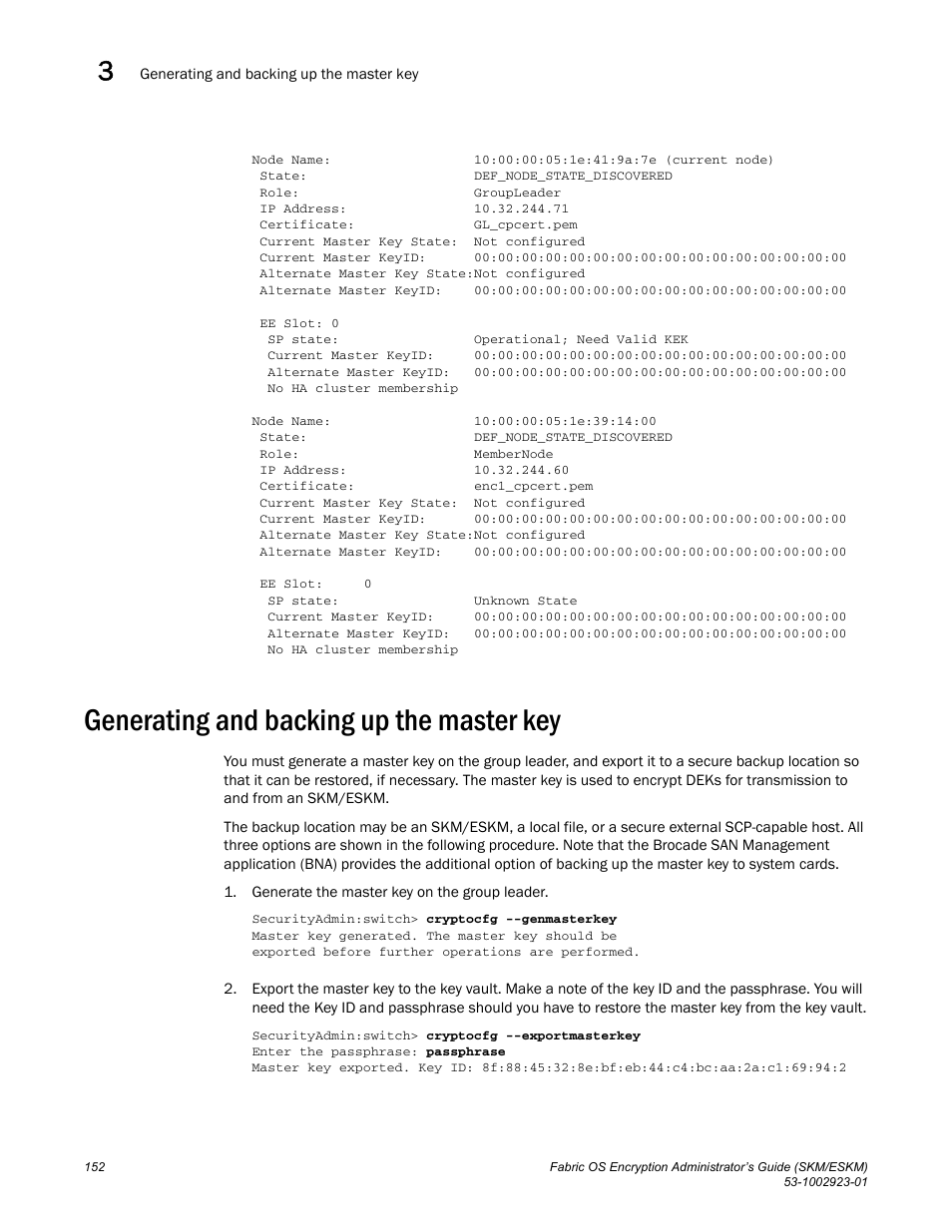 Generating and backing up the master key | Brocade Fabric OS Encryption Administrator’s Guide Supporting HP Secure Key Manager (SKM) and HP Enterprise Secure Key Manager (ESKM) Environments (Supporting Fabric OS v7.2.0) User Manual | Page 172 / 324