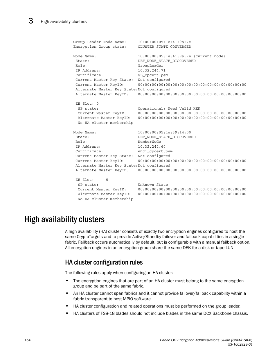 High availability clusters, Ha cluster configuration rules | Brocade Fabric OS Encryption Administrator’s Guide Supporting HP Secure Key Manager (SKM) and HP Enterprise Secure Key Manager (ESKM) Environments (Supporting Fabric OS v7.2.0) User Manual | Page 174 / 324