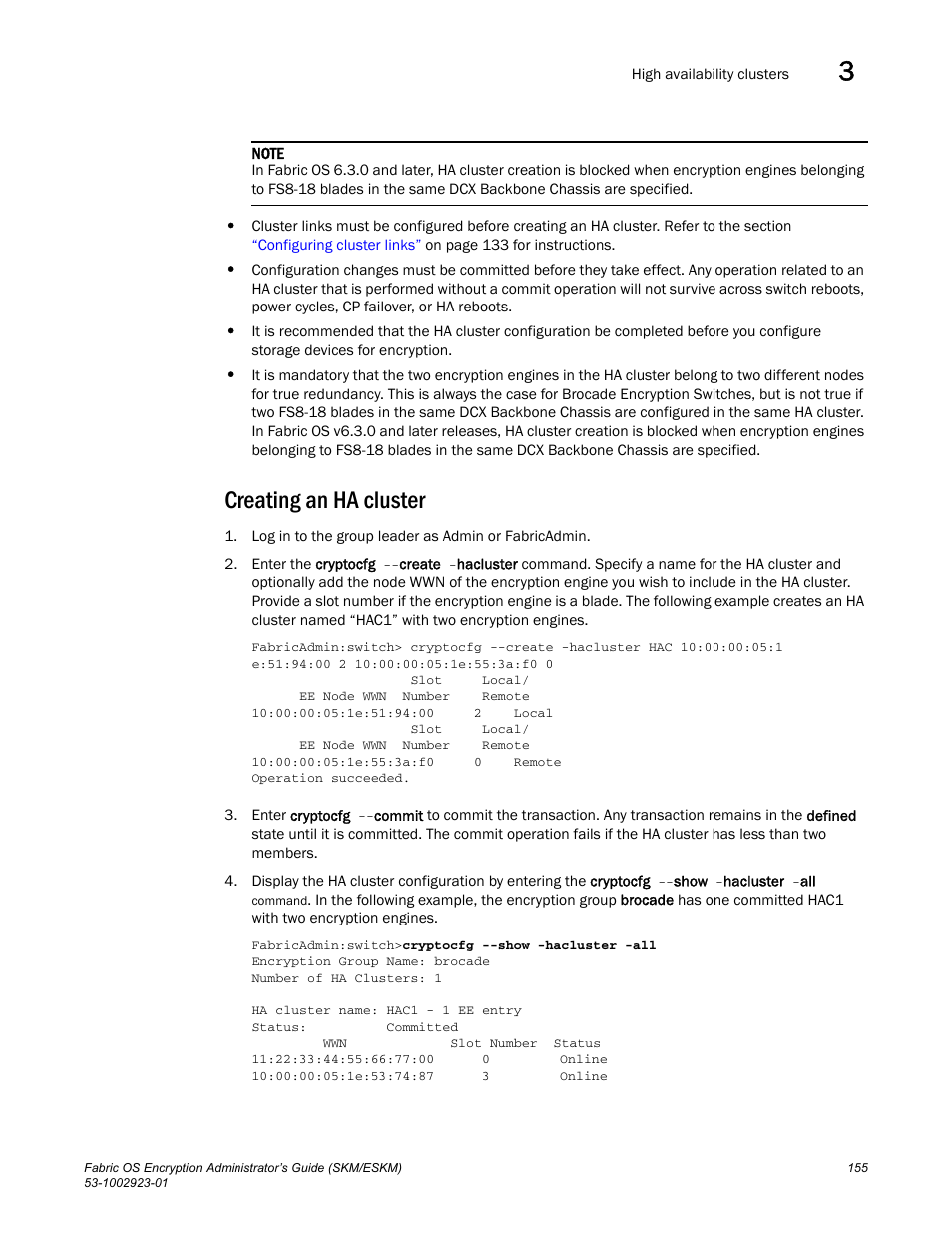 Creating an ha cluster | Brocade Fabric OS Encryption Administrator’s Guide Supporting HP Secure Key Manager (SKM) and HP Enterprise Secure Key Manager (ESKM) Environments (Supporting Fabric OS v7.2.0) User Manual | Page 175 / 324