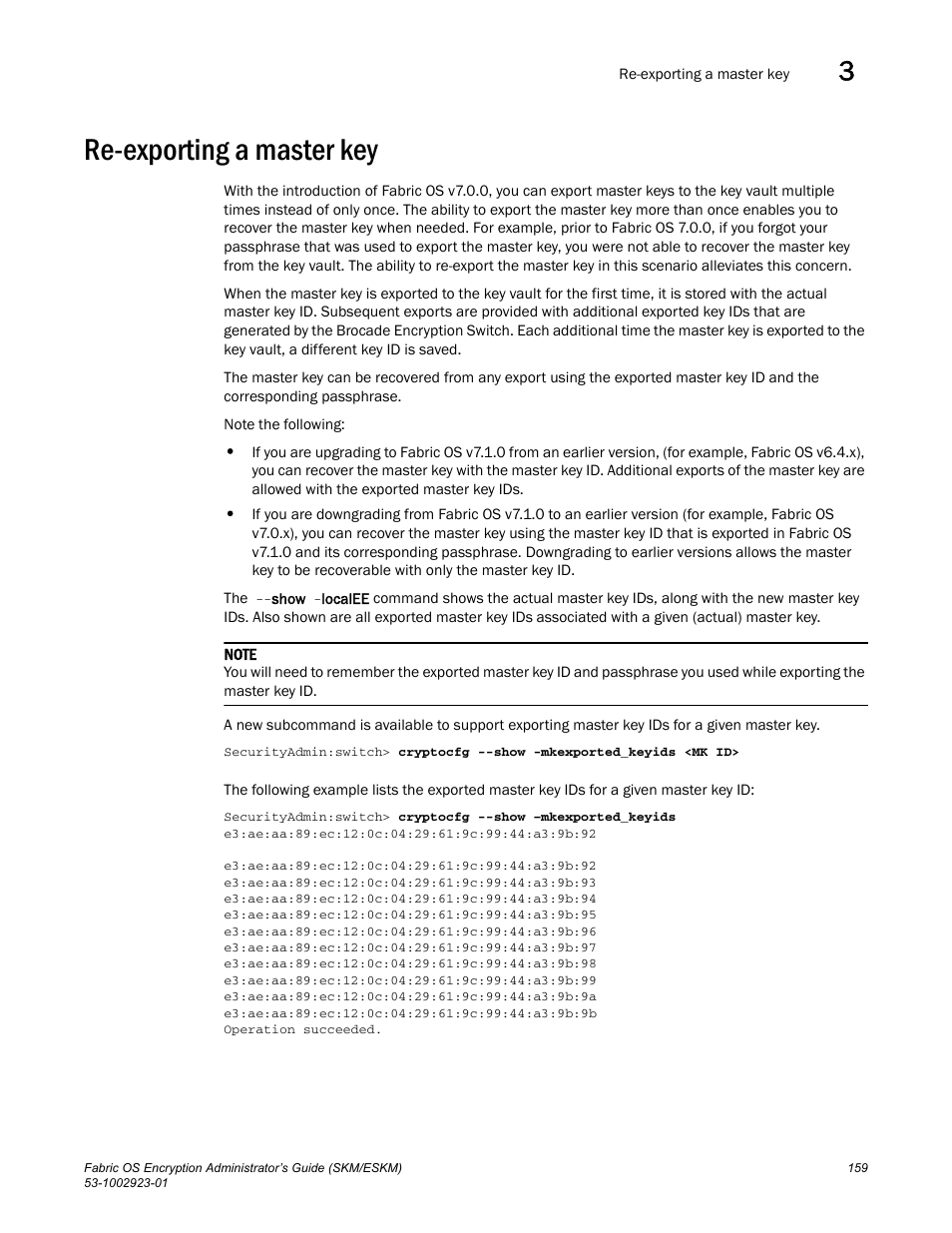 Re-exporting a master key | Brocade Fabric OS Encryption Administrator’s Guide Supporting HP Secure Key Manager (SKM) and HP Enterprise Secure Key Manager (ESKM) Environments (Supporting Fabric OS v7.2.0) User Manual | Page 179 / 324