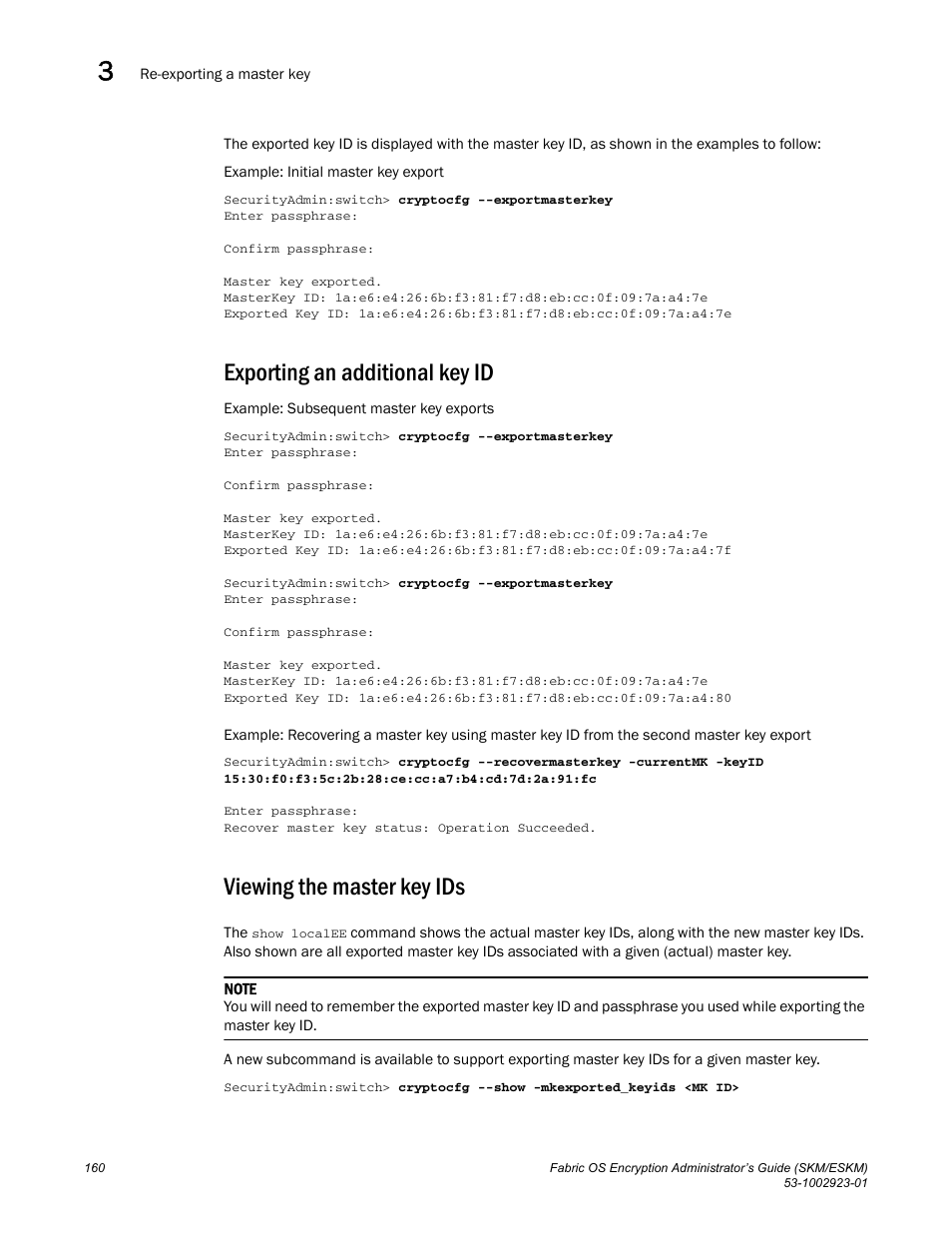 Exporting an additional key id, Viewing the master key ids | Brocade Fabric OS Encryption Administrator’s Guide Supporting HP Secure Key Manager (SKM) and HP Enterprise Secure Key Manager (ESKM) Environments (Supporting Fabric OS v7.2.0) User Manual | Page 180 / 324