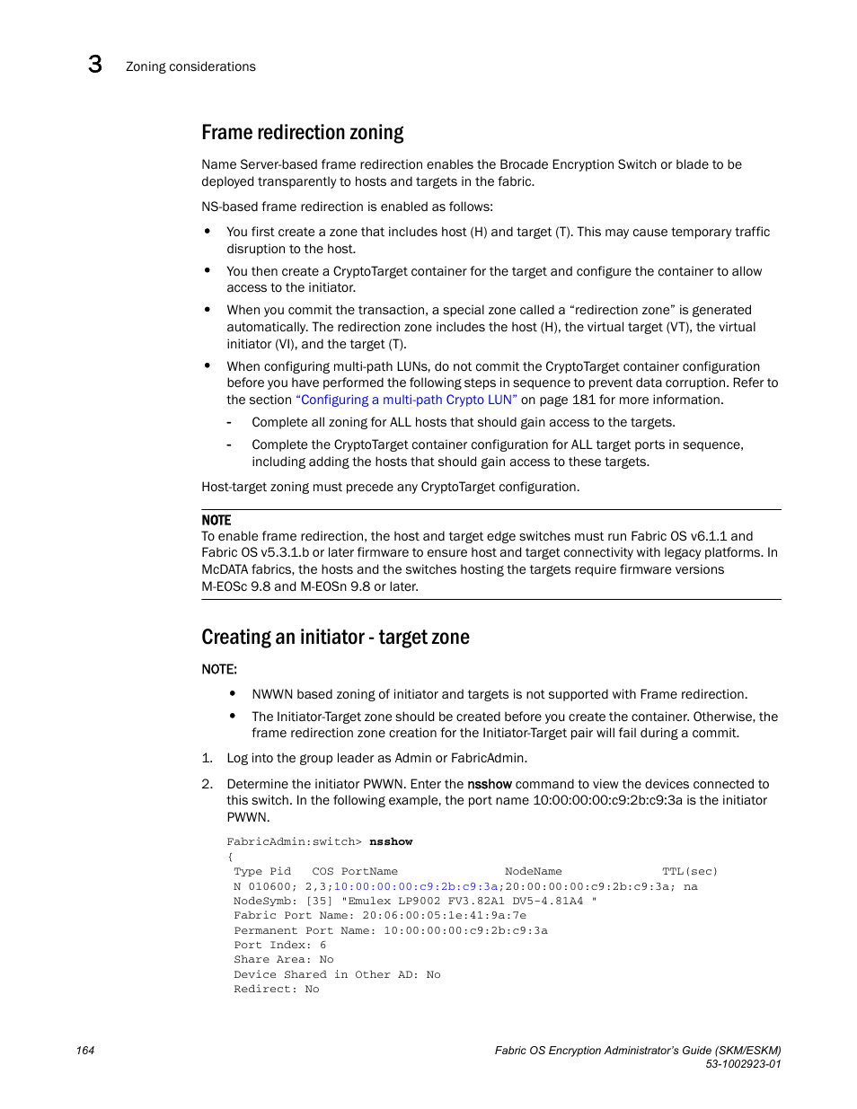 Frame redirection zoning, Creating an initiator - target zone | Brocade Fabric OS Encryption Administrator’s Guide Supporting HP Secure Key Manager (SKM) and HP Enterprise Secure Key Manager (ESKM) Environments (Supporting Fabric OS v7.2.0) User Manual | Page 184 / 324