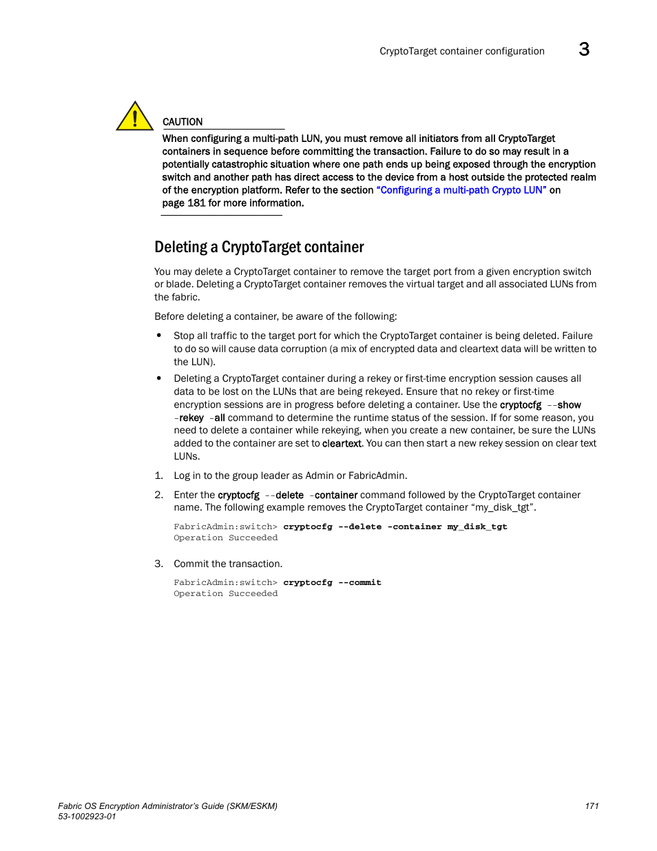 Deleting a cryptotarget container | Brocade Fabric OS Encryption Administrator’s Guide Supporting HP Secure Key Manager (SKM) and HP Enterprise Secure Key Manager (ESKM) Environments (Supporting Fabric OS v7.2.0) User Manual | Page 191 / 324