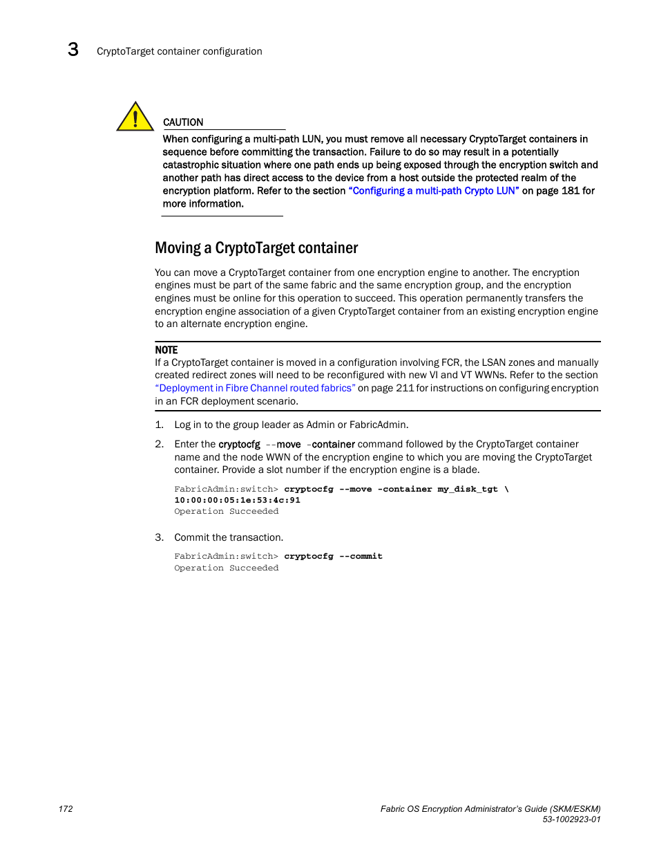 Moving a cryptotarget container | Brocade Fabric OS Encryption Administrator’s Guide Supporting HP Secure Key Manager (SKM) and HP Enterprise Secure Key Manager (ESKM) Environments (Supporting Fabric OS v7.2.0) User Manual | Page 192 / 324