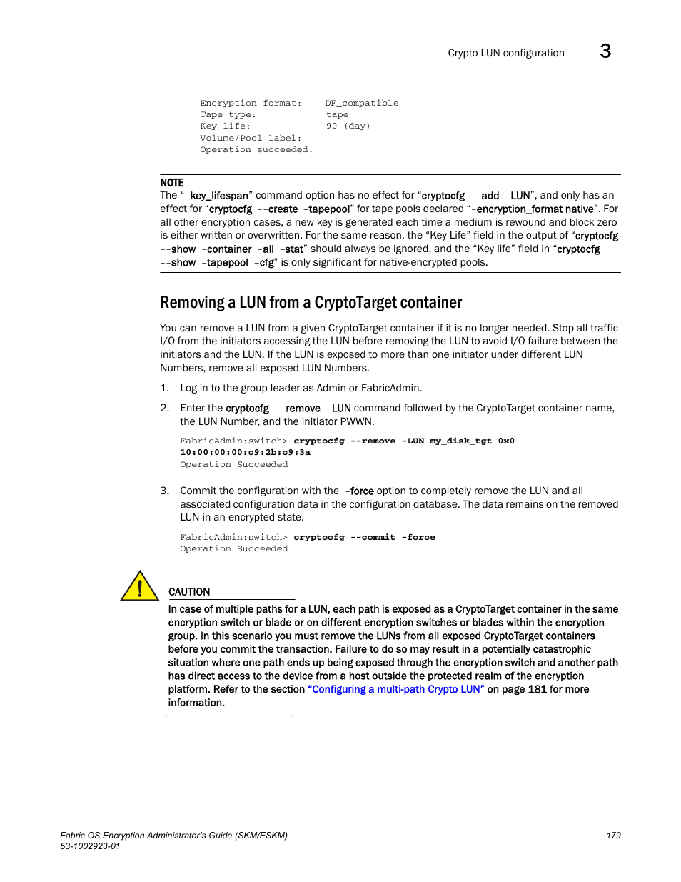 Removing a lun from a cryptotarget container | Brocade Fabric OS Encryption Administrator’s Guide Supporting HP Secure Key Manager (SKM) and HP Enterprise Secure Key Manager (ESKM) Environments (Supporting Fabric OS v7.2.0) User Manual | Page 199 / 324