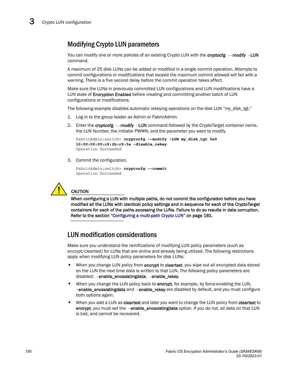 Modifying crypto lun parameters, Lun modification considerations | Brocade Fabric OS Encryption Administrator’s Guide Supporting HP Secure Key Manager (SKM) and HP Enterprise Secure Key Manager (ESKM) Environments (Supporting Fabric OS v7.2.0) User Manual | Page 200 / 324