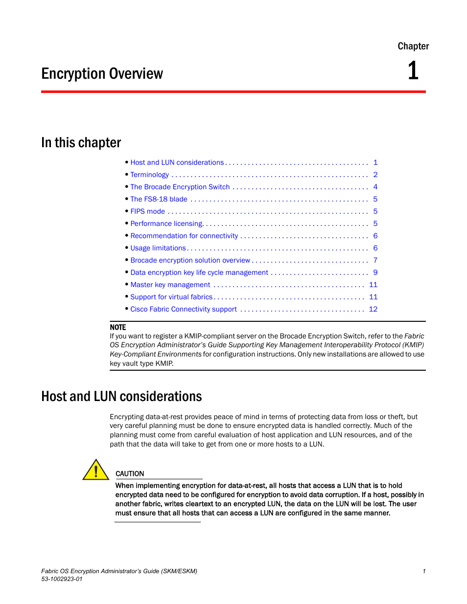 Encryption overview, In this chapter, Host and lun considerations | Chapter 1, Chapter 1, “encryption overview | Brocade Fabric OS Encryption Administrator’s Guide Supporting HP Secure Key Manager (SKM) and HP Enterprise Secure Key Manager (ESKM) Environments (Supporting Fabric OS v7.2.0) User Manual | Page 21 / 324