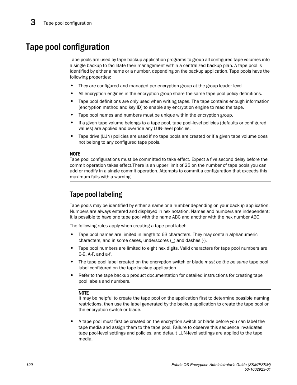 Tape pool configuration, Tape pool labeling | Brocade Fabric OS Encryption Administrator’s Guide Supporting HP Secure Key Manager (SKM) and HP Enterprise Secure Key Manager (ESKM) Environments (Supporting Fabric OS v7.2.0) User Manual | Page 210 / 324