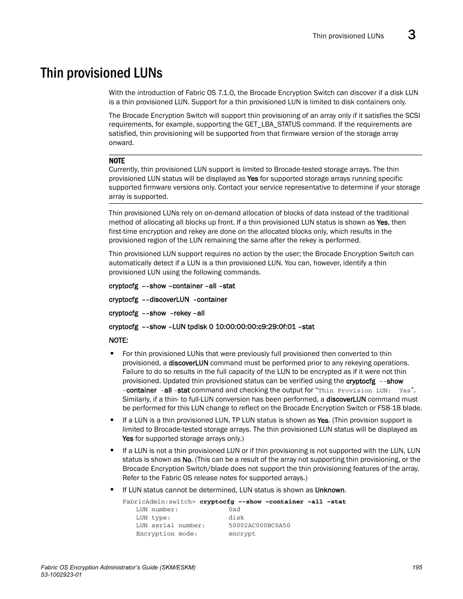 Thin provisioned luns | Brocade Fabric OS Encryption Administrator’s Guide Supporting HP Secure Key Manager (SKM) and HP Enterprise Secure Key Manager (ESKM) Environments (Supporting Fabric OS v7.2.0) User Manual | Page 215 / 324