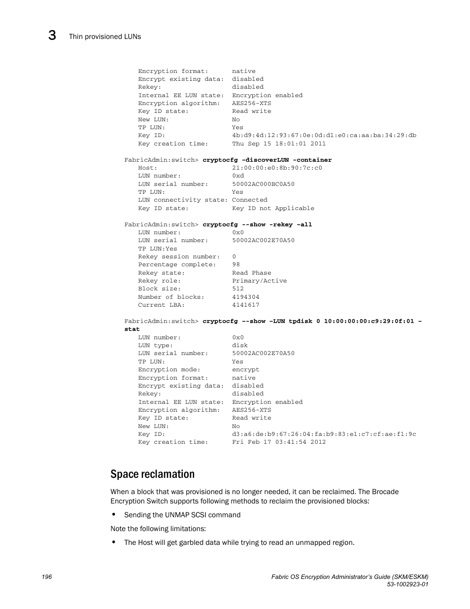 Space reclamation | Brocade Fabric OS Encryption Administrator’s Guide Supporting HP Secure Key Manager (SKM) and HP Enterprise Secure Key Manager (ESKM) Environments (Supporting Fabric OS v7.2.0) User Manual | Page 216 / 324