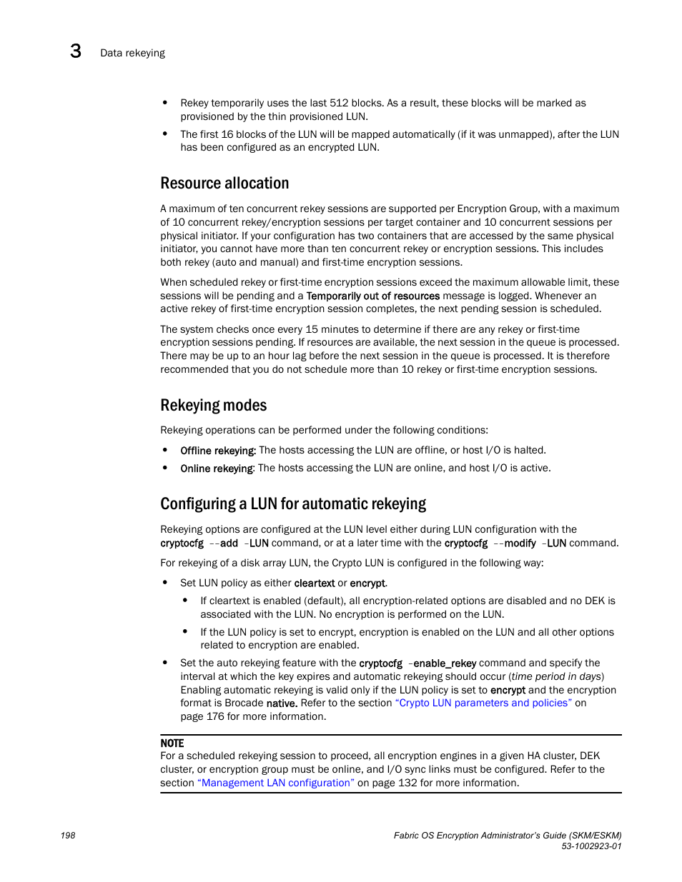 Resource allocation, Rekeying modes, Configuring a lun for automatic rekeying | Brocade Fabric OS Encryption Administrator’s Guide Supporting HP Secure Key Manager (SKM) and HP Enterprise Secure Key Manager (ESKM) Environments (Supporting Fabric OS v7.2.0) User Manual | Page 218 / 324