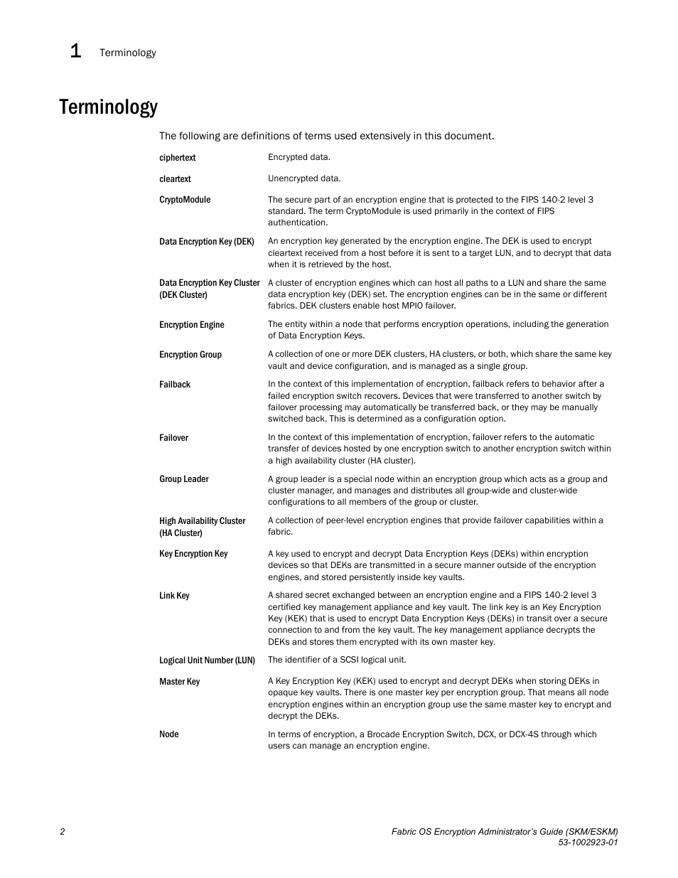 Terminology | Brocade Fabric OS Encryption Administrator’s Guide Supporting HP Secure Key Manager (SKM) and HP Enterprise Secure Key Manager (ESKM) Environments (Supporting Fabric OS v7.2.0) User Manual | Page 22 / 324