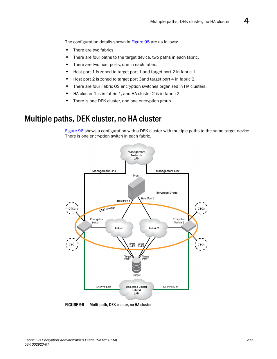 Multiple paths, dek cluster, no ha cluster | Brocade Fabric OS Encryption Administrator’s Guide Supporting HP Secure Key Manager (SKM) and HP Enterprise Secure Key Manager (ESKM) Environments (Supporting Fabric OS v7.2.0) User Manual | Page 229 / 324