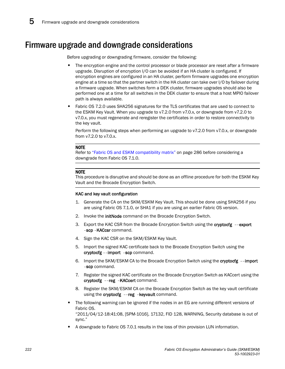 Firmware upgrade and downgrade considerations | Brocade Fabric OS Encryption Administrator’s Guide Supporting HP Secure Key Manager (SKM) and HP Enterprise Secure Key Manager (ESKM) Environments (Supporting Fabric OS v7.2.0) User Manual | Page 242 / 324