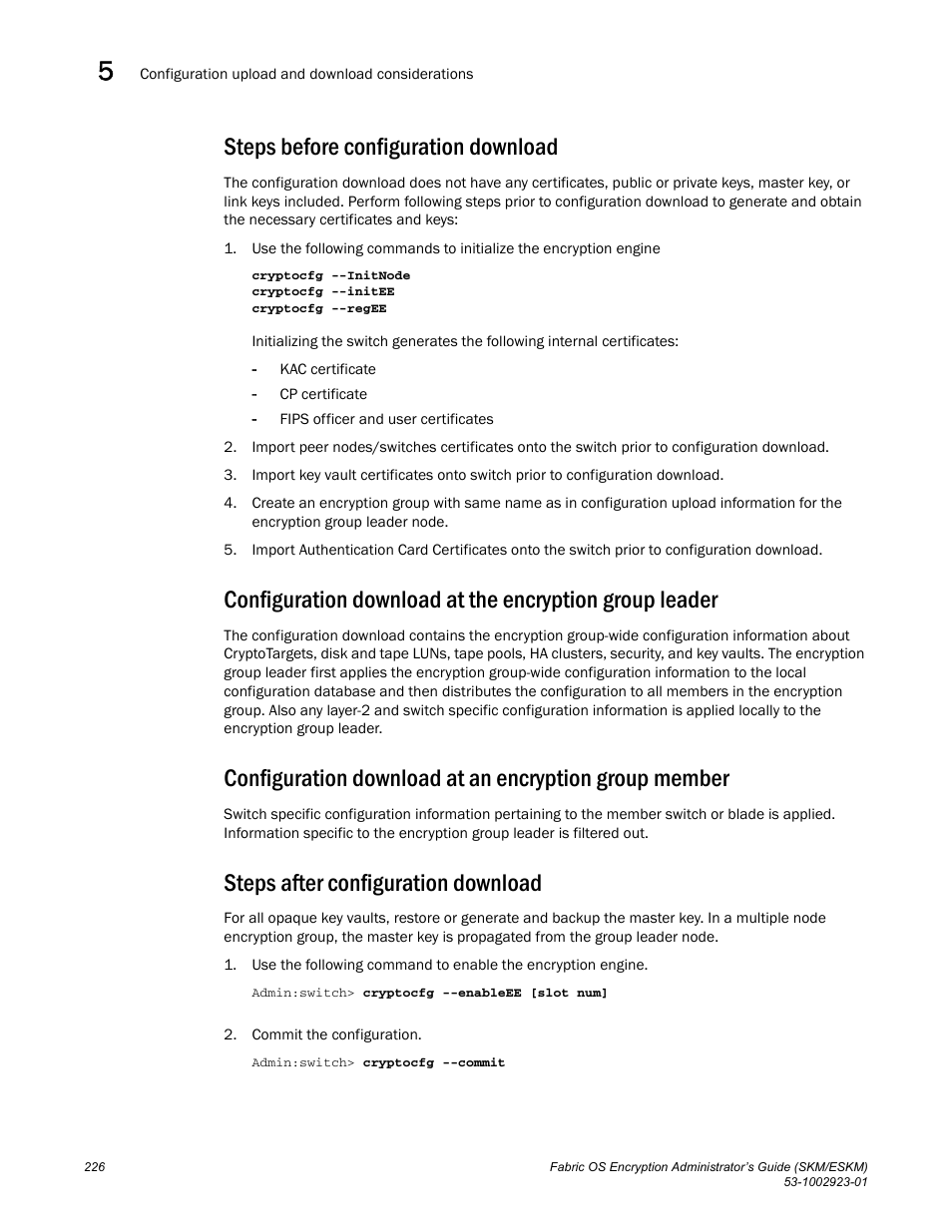 Steps before configuration download, Steps after configuration download | Brocade Fabric OS Encryption Administrator’s Guide Supporting HP Secure Key Manager (SKM) and HP Enterprise Secure Key Manager (ESKM) Environments (Supporting Fabric OS v7.2.0) User Manual | Page 246 / 324