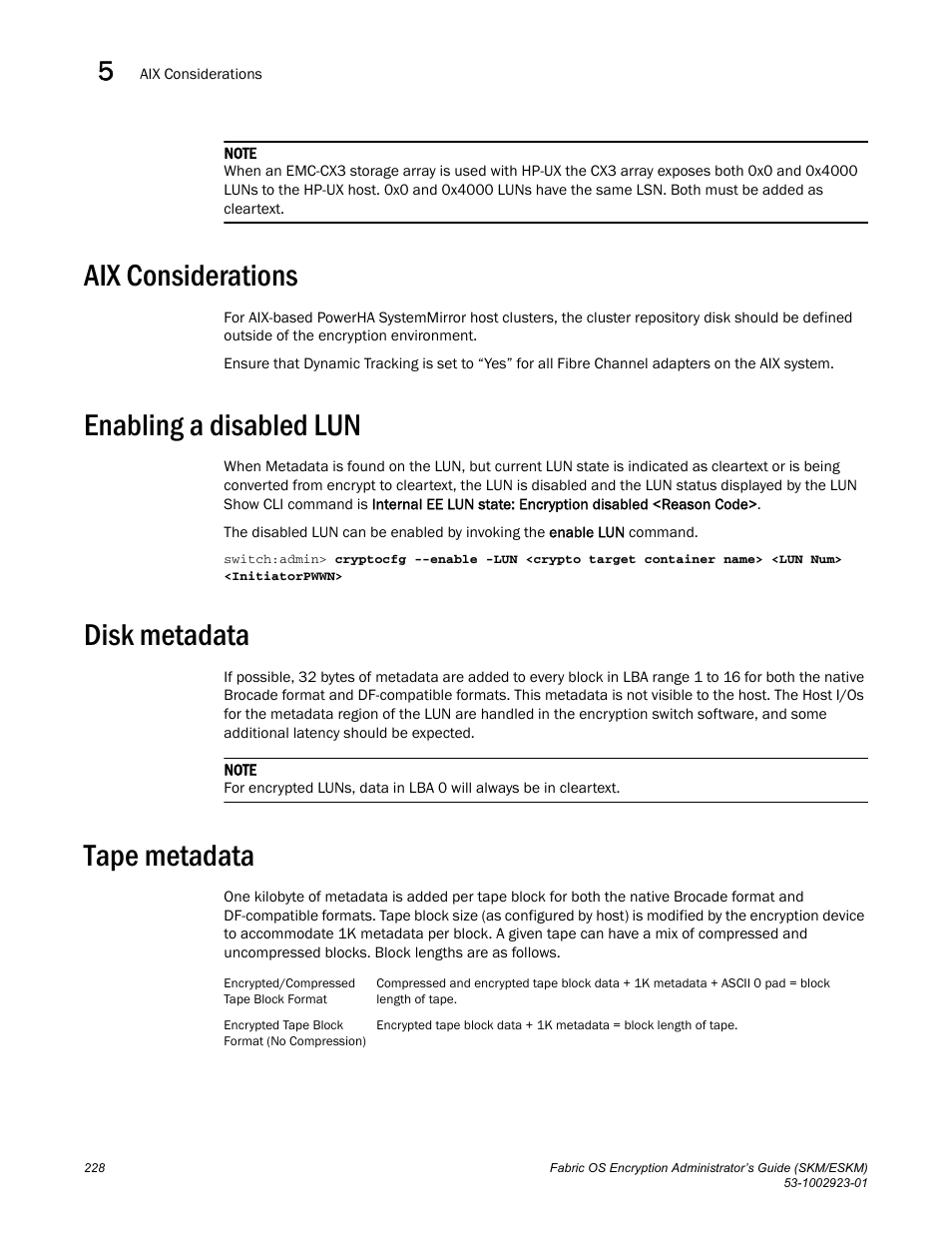 Aix considerations, Enabling a disabled lun, Disk metadata | Tape metadata | Brocade Fabric OS Encryption Administrator’s Guide Supporting HP Secure Key Manager (SKM) and HP Enterprise Secure Key Manager (ESKM) Environments (Supporting Fabric OS v7.2.0) User Manual | Page 248 / 324