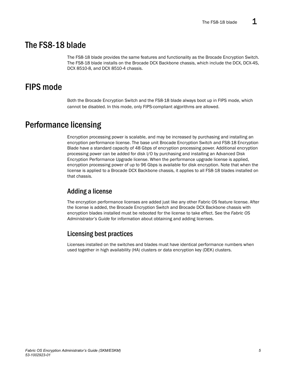 The fs8-18 blade, Fips mode, Performance licensing | Adding a license, Licensing best practices, Adding a license licensing best practices | Brocade Fabric OS Encryption Administrator’s Guide Supporting HP Secure Key Manager (SKM) and HP Enterprise Secure Key Manager (ESKM) Environments (Supporting Fabric OS v7.2.0) User Manual | Page 25 / 324